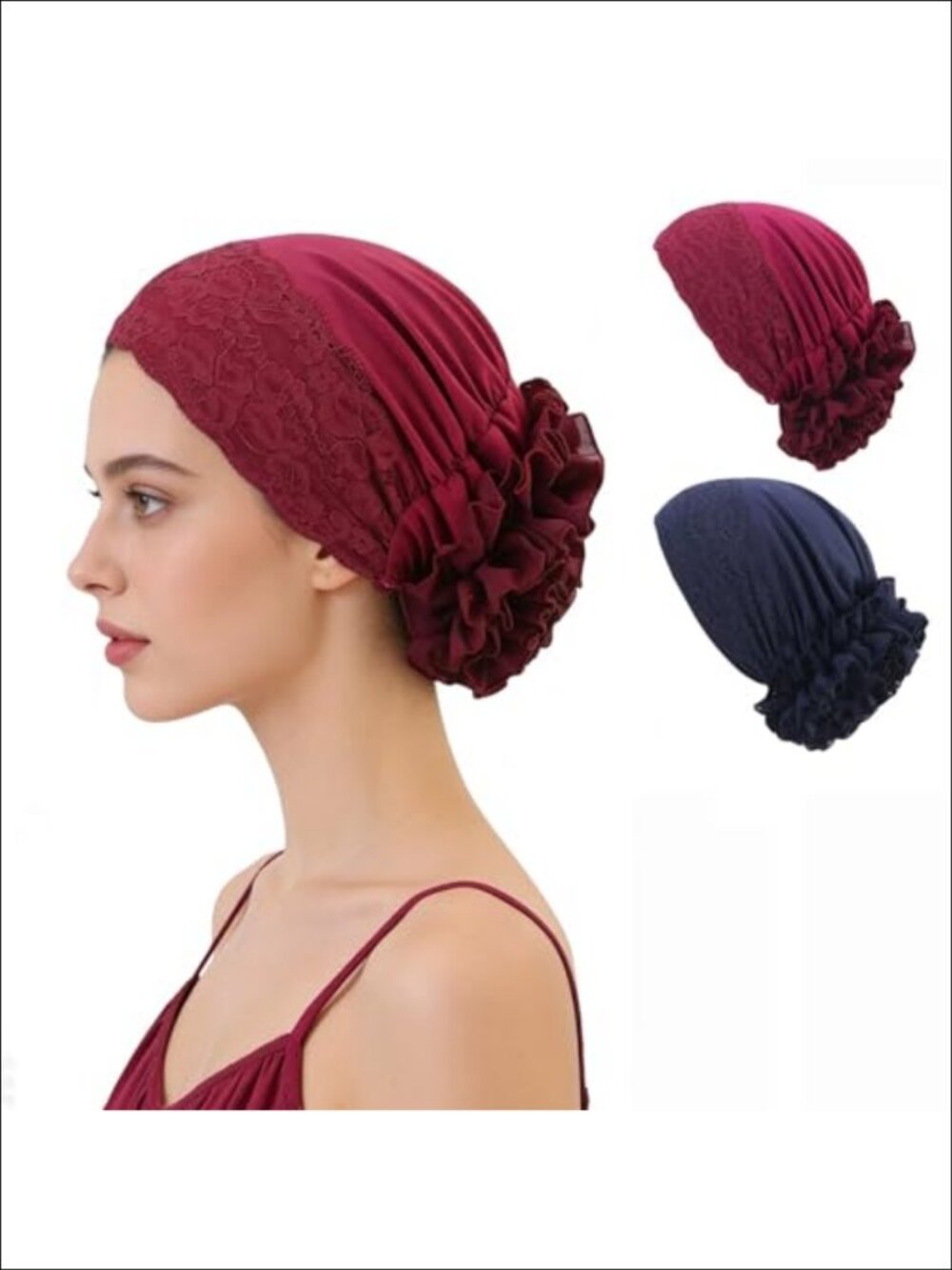 2 Pcs Lace Trim Pre-Tied Headscarf Beanie Hat Women Adjustable Satin Sleep Cap